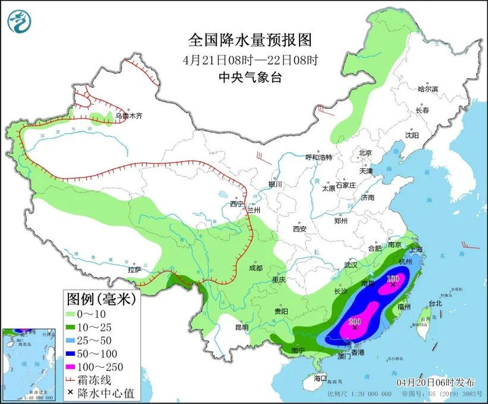 图6 全国降水量预报图（4月21日08时-22日08时）