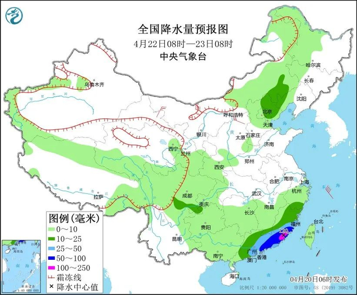 图7 全国降水量预报图（4月22日08时-23日08时）