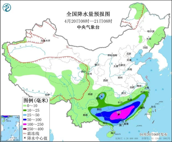 图5 全国降水量预报图（4月20日08时-21日08时）