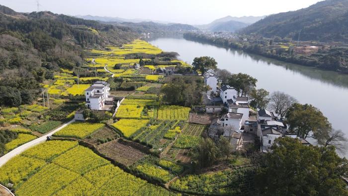   2024年3月21日在安徽省黄山市歙县新安江畔拍摄的风景（无人机照片）。新华社记者 张端 摄