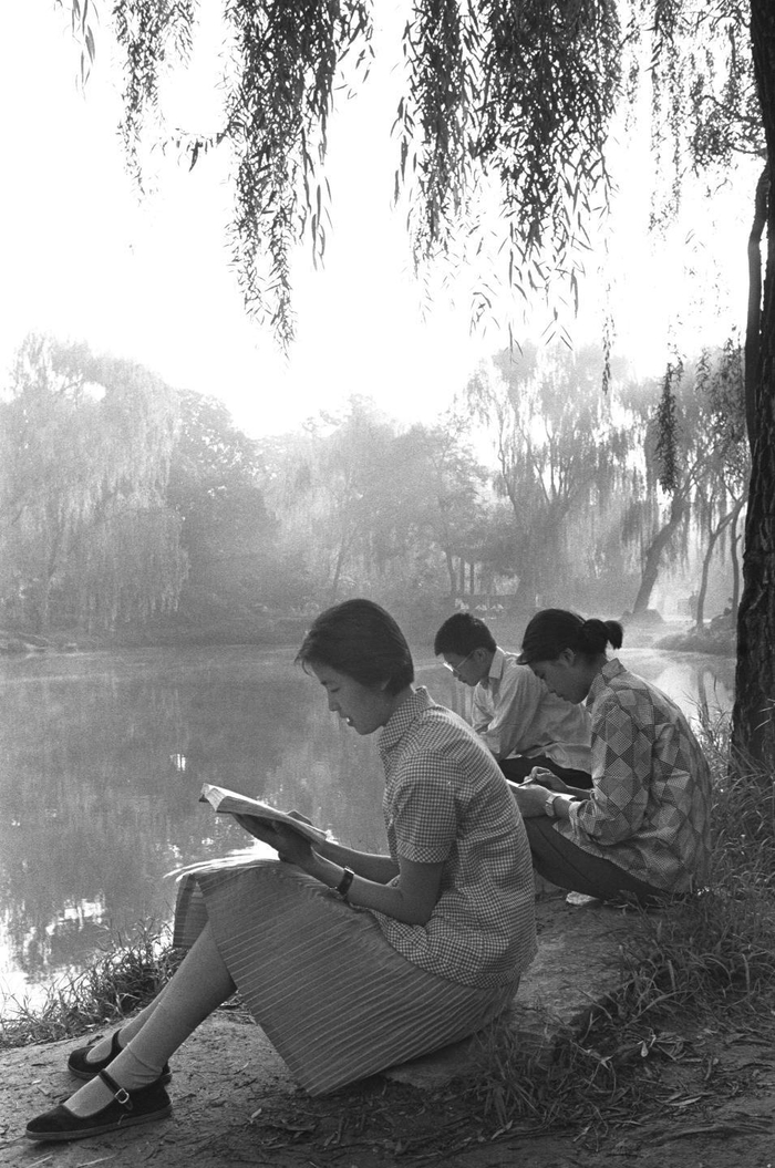 1980年的一个清晨，清华大学学生在校园里读书。
