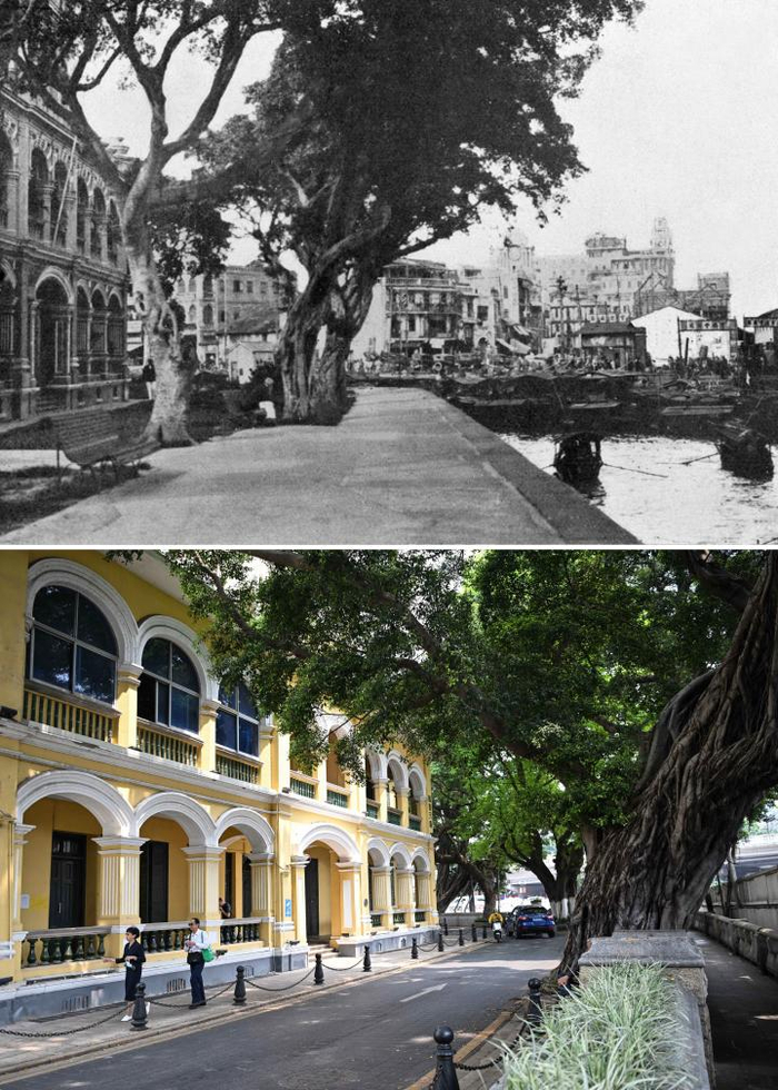 拼版照片：上图为广州沙面法国邮政局旧址（资料照片）；下图为2024年4月11日拍摄的广州沙面法国邮政局旧址。