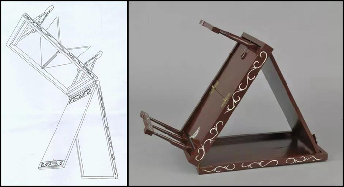 △（左）栻盘架图纸；（右）栻盘架复原件