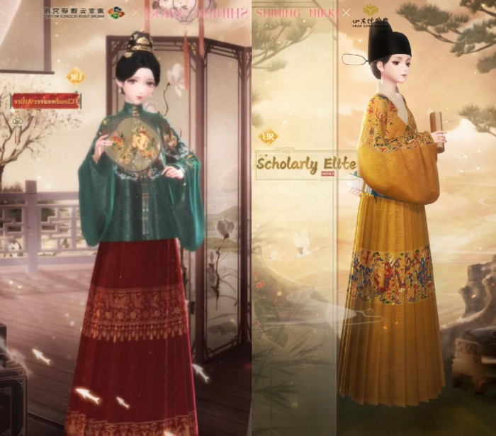 （从左至右：《闪耀暖暖》与南京云锦研究所合作设计的服饰【云锦端仪】、与山东博物馆联动的服饰【书香英华】）