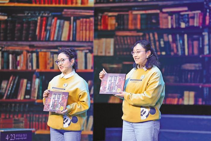 在“再发现图书馆 共读现代文明”世界读书日主题活动现场，西藏自治区图书馆的工作人员在分享《神奇的飞书》。本报记者 洛桑 摄