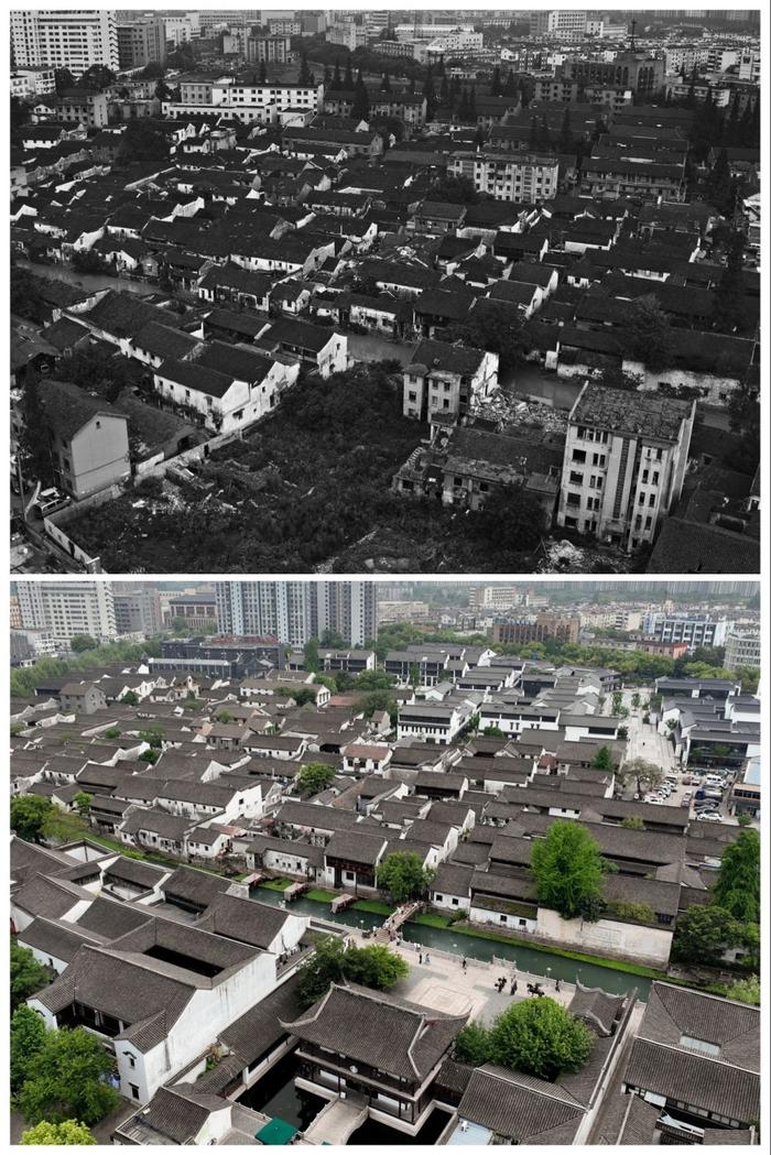 上图为2012年拍摄的浙江湖州小西街；下图为2024年4月21日拍摄的小西街。