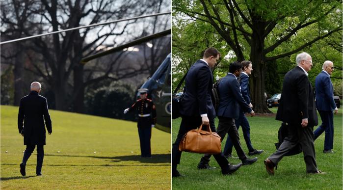 左图：1月5日，拜登总统独自走向“海军陆战队一号”。右图：4月18日，他在几名助手的陪同下一起走向直升机。图自Axios新闻网报道配图