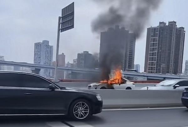 上海南浦大桥浦西引桥一新能源车起火，现场浓烟滚滚车辆被烧成空壳