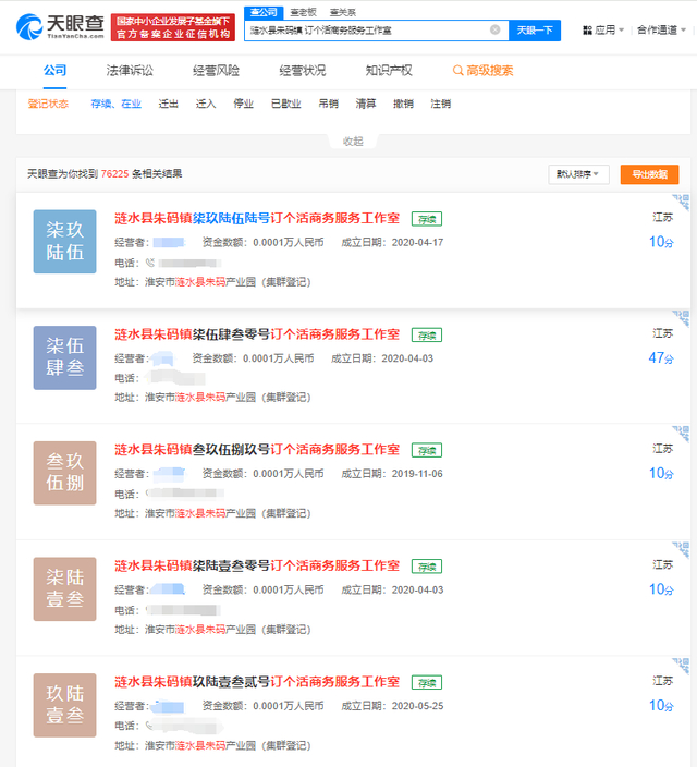 高度相似的个体工商户们，截图自天眼查