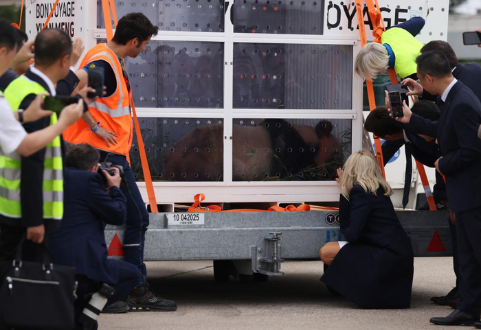  2023年7月25日，法国总统夫人布丽吉特·马克龙（中右）在巴黎戴高乐机场与“圆梦”告别。新华社记者高静摄