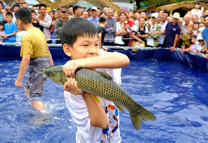     小孩抓住一条大鱼，收获满满    本报记者卢丽婷 摄