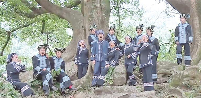     ↓在山林中演唱布依族盘歌。  受访者供图