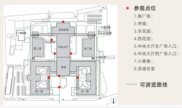 上海展览中心重点参观点位（红点位置）示意图。