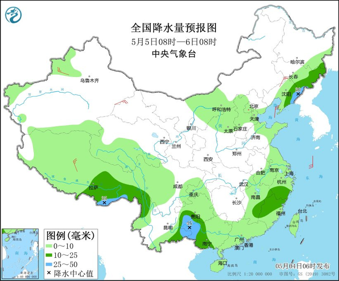 图4 全国降水量预报图（5月5日08时-6日08时）
