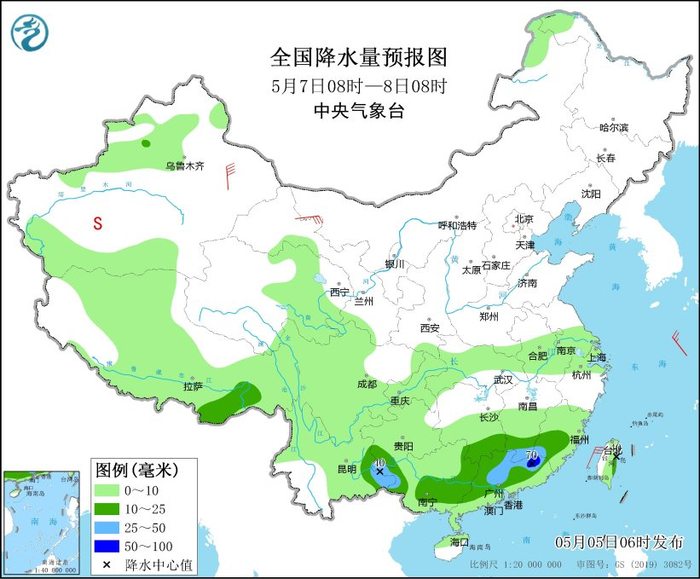图3 全国降水量预报图（5月7日08时-8日08时）