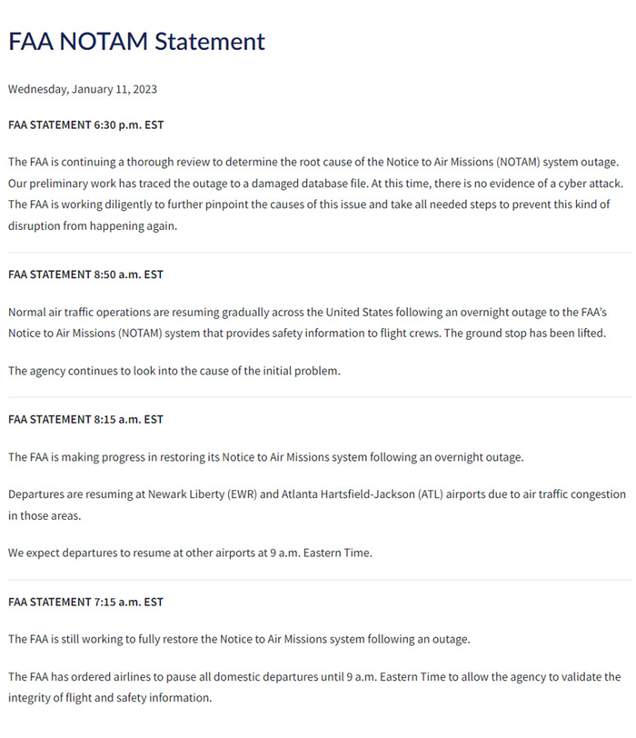FAA针对航班停飞发布的声明，声明指出NOTAM系统的瘫痪可能由于自身数据库文件的问题。（图片来源：FAA）