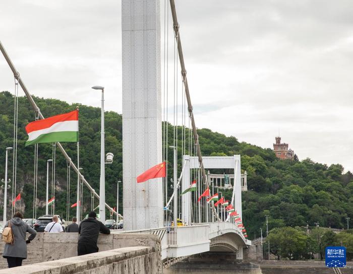5月8日，中国、匈牙利两国国旗在匈牙利布达佩斯街头飘扬。新华社记者 张帆 摄