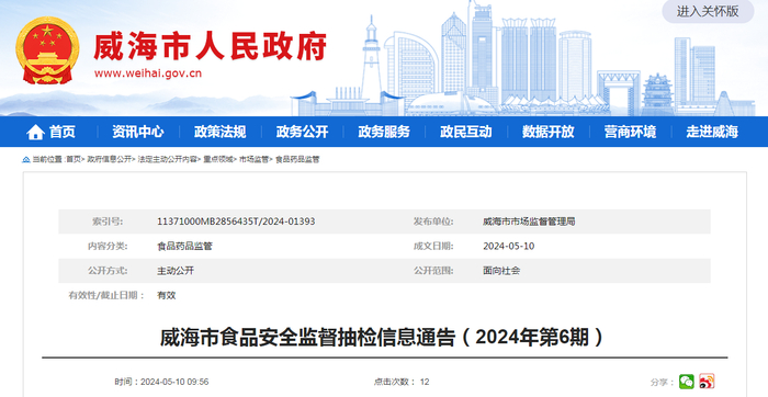 威海市食品安全监督抽检信息通告（2024年第6期）