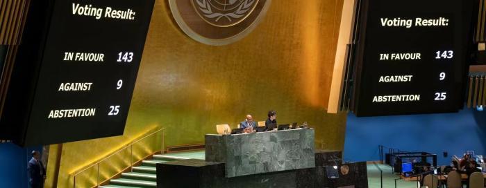 当地时间5月10日，联合国大会以压倒性的多数通过决议，建议安理会重审巴勒斯坦“入联”申请。图片来源：联合国网站 