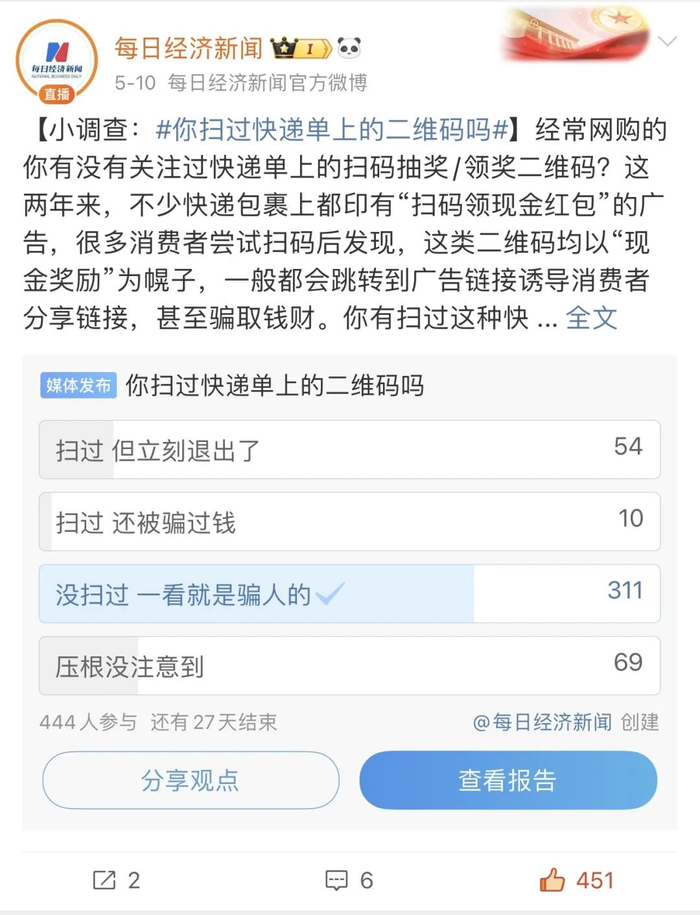 记者通过每日经济新闻官方微博发布关于"你扫过快递单上的二维码吗"的