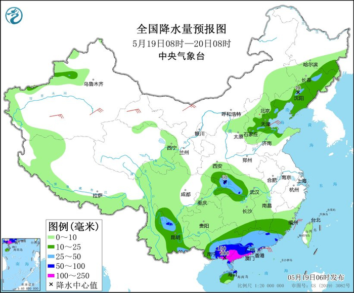 图2 全国降水量预报图（5月19日08时-20日08时）