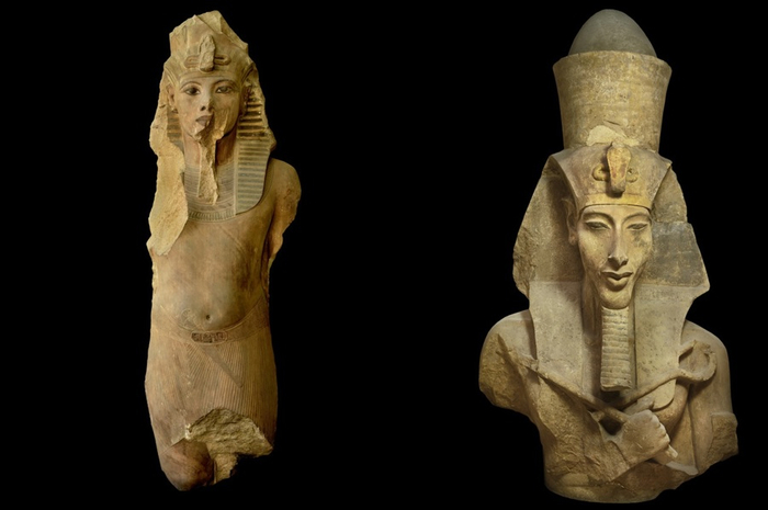 图坦卡蒙（左）与父亲埃赫纳吞（右）的雕像都将展出。（上海博物馆供图）