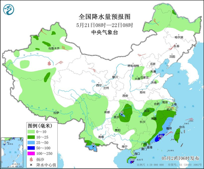图3 全国降水量预报图（5月21日08时-22日08时）