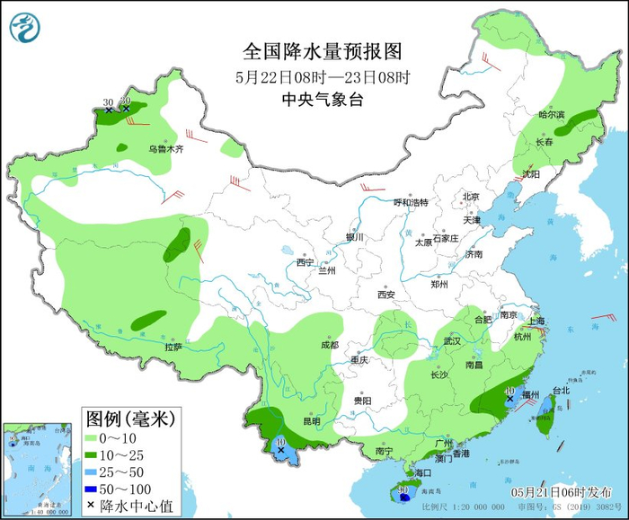 图4 全国降水量预报图（5月22日08时-23日08时）