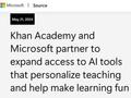 微软与可汗学院强强联手 将为美国所有教师提供免费AI助手