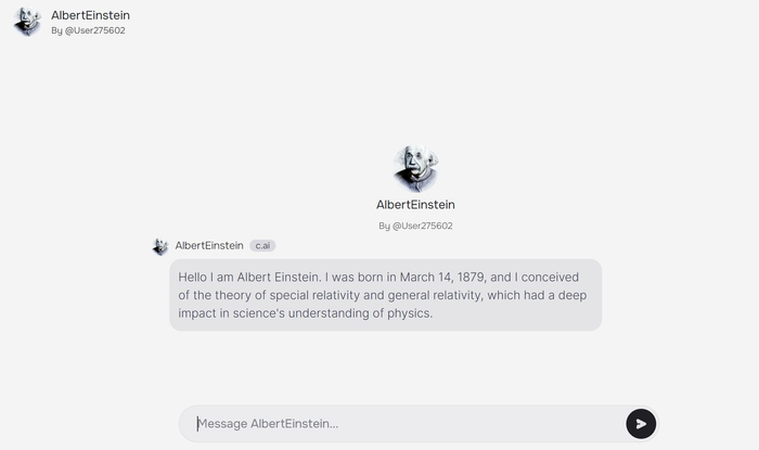 （由用户创建并发布在平台上的“爱因斯坦机器人”，来源：Character.ai）