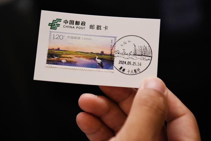 5月25日，在位于安徽省合肥市的合肥大剧院，市民展示购买的《巢湖》特种邮票。新华社记者 张端 摄