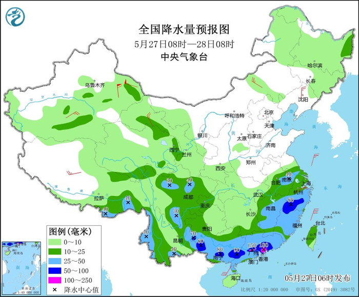 图2 全国降水量预报图（5月27日08时-28日08时）