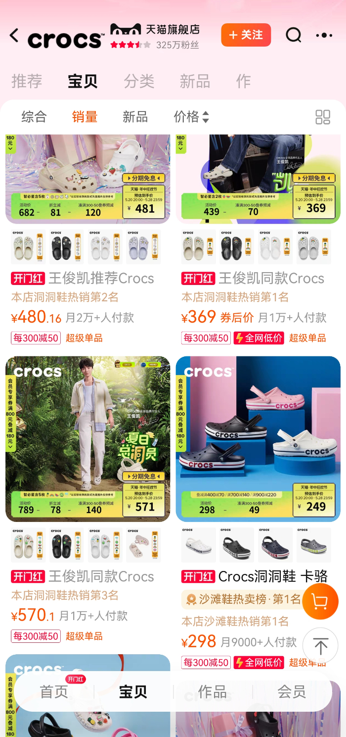 卡骆驰天猫旗舰店内人气最高的洞洞鞋显示为“月2万+人付款”。（图片截自Crocs天猫旗舰店）