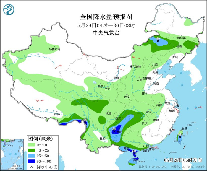 图3 全国降水量预报图（5月29日08时-30日08时）