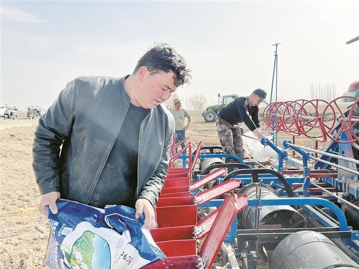     三师五十三团二连种植户在给播种机加棉种和地膜（摄于4月2日）。    杨晓娅  摄