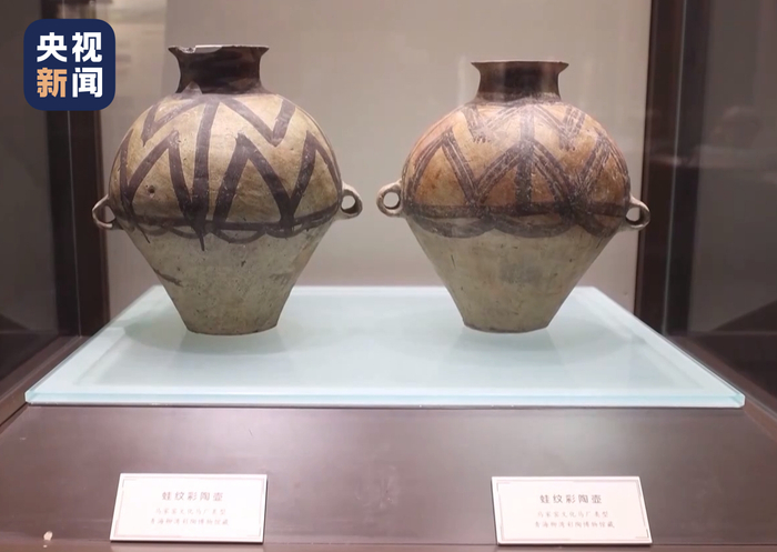 △展出中的蛙纹彩陶壶