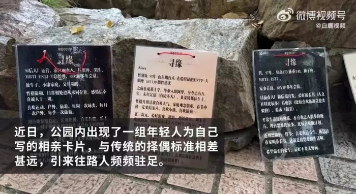 年轻人为自己写的相亲卡片引来路人关注。  图片来源：网络视频截图