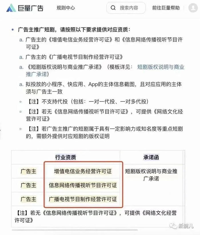 2023年11月20日，抖音巨量广告发布最新公告，设置了短剧投流的资质/图源：新腕儿