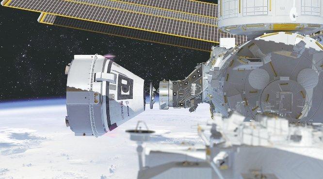 　　“星际客机”飞船与国际空间站对接的模拟效果图。
