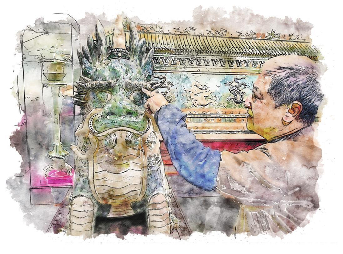 省级非遗代表性项目大连贝雕省级代表性传承人、中国工艺美术大师金阿山在讲解贝雕作品《麒麟》。    制图 隋文锋