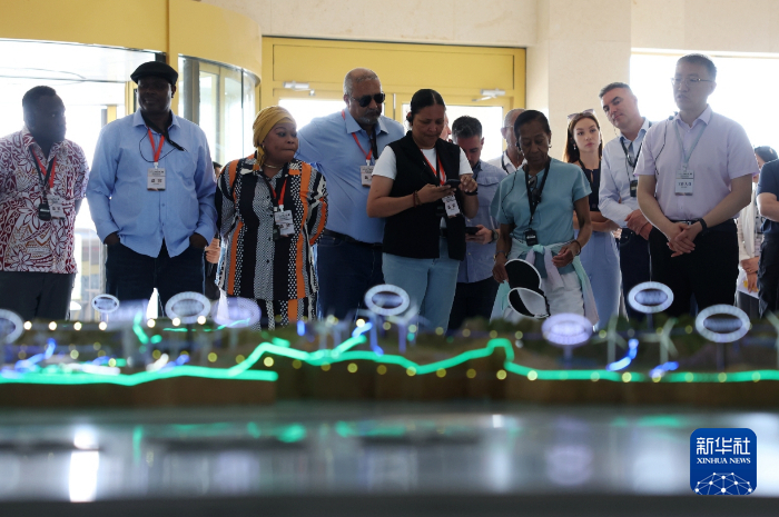 6月6日，外交官们在敦煌光电产业园区内参观。新华社记者 陈斌 摄