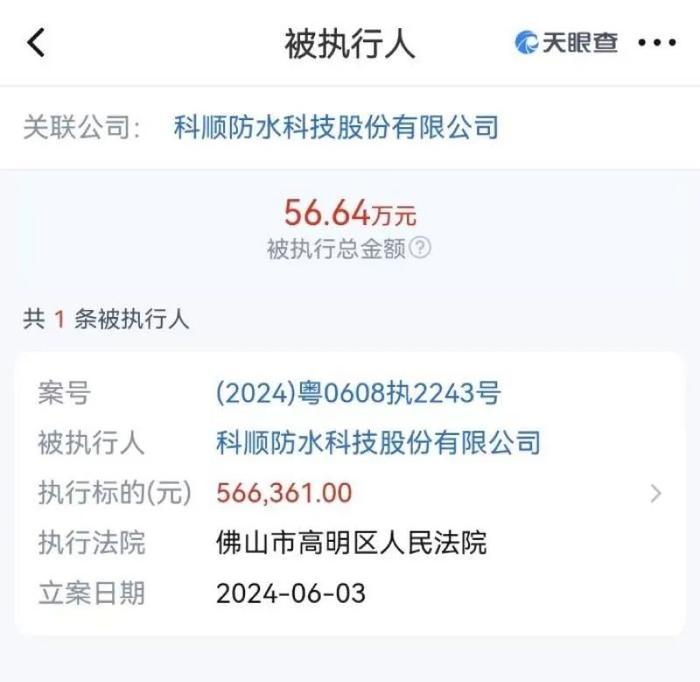 科顺股份成为被执行人信息   图源：天眼查
