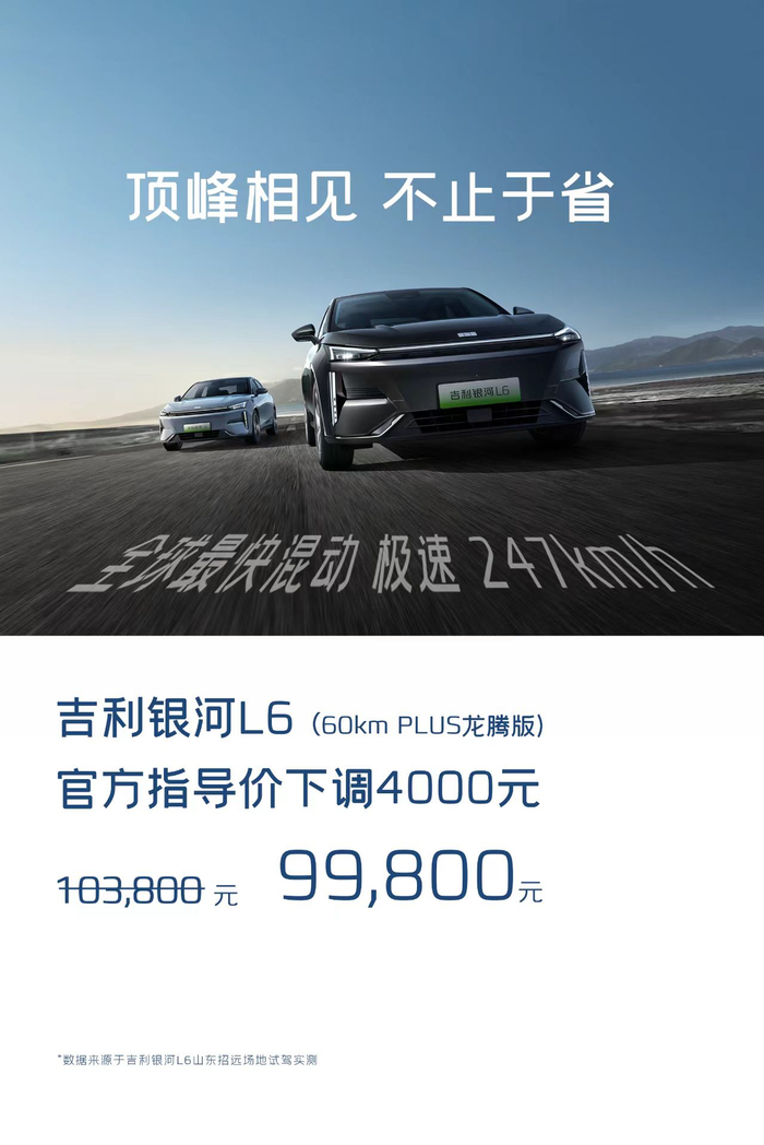 吉利银河L6官降至9.98万起。吉利银河供图 华龙网发