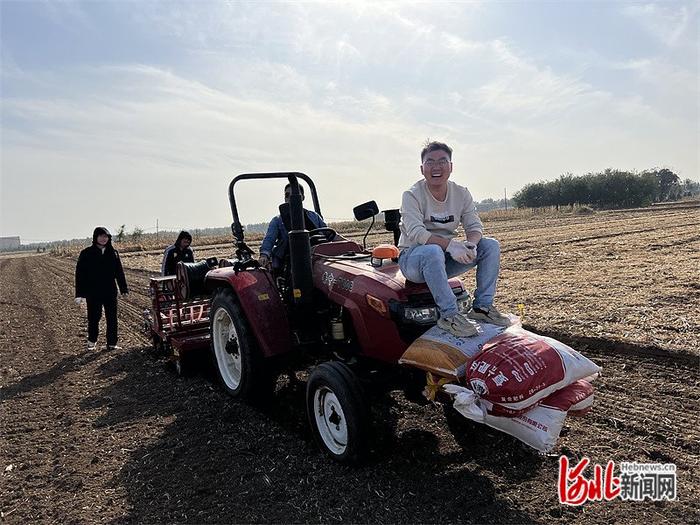 2022年10月，曲周县李口村，四个人在承包的地里播种冬小麦。中国农业大学供图