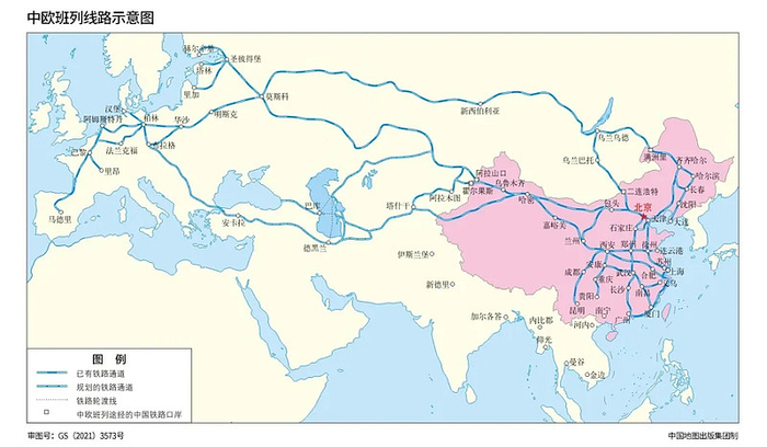 中欧班列线路示意图 中国地图出版集团制