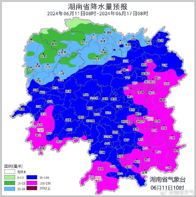 ↑6月11日8时至17日8时降雨量预报图。