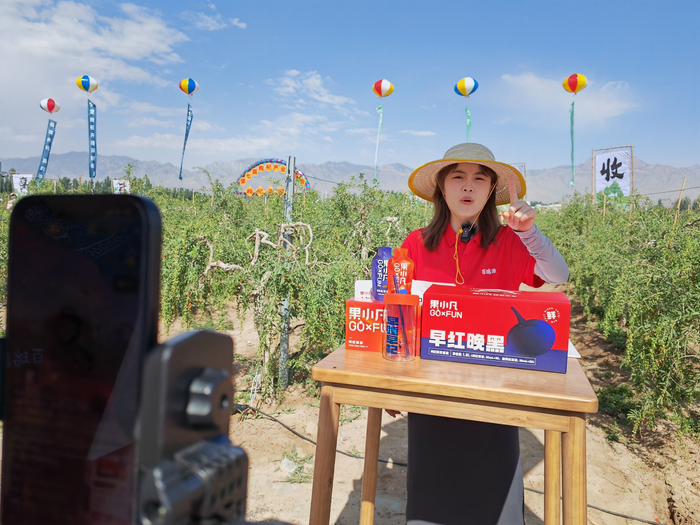 电商主播在枸杞地里做直播。新华社记者 刘海 摄