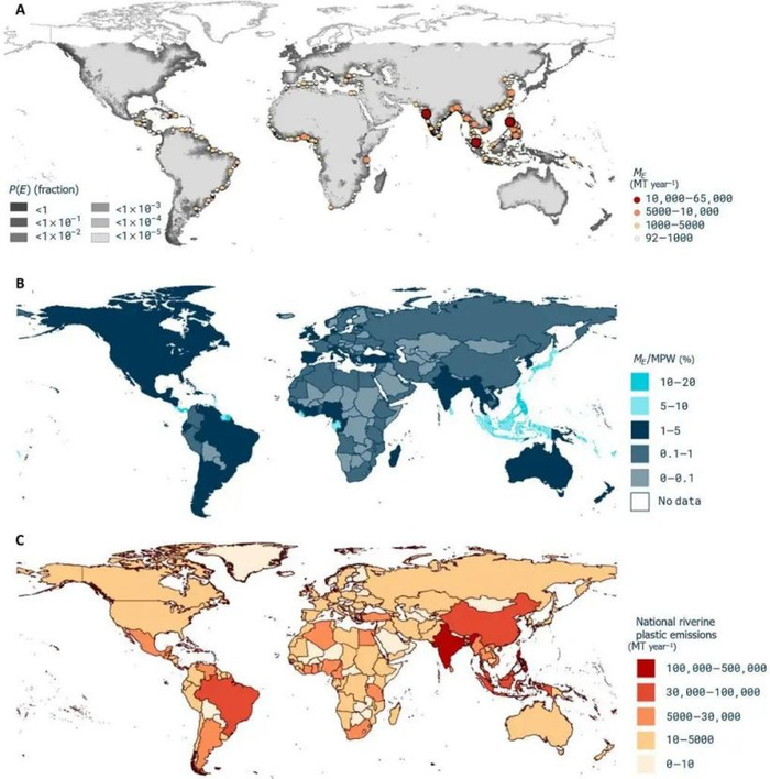 海洋塑料垃圾排放全球分布图
