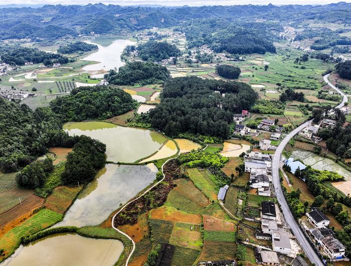 贵州黔西：雨后水田充盈乡村道路贯穿其中