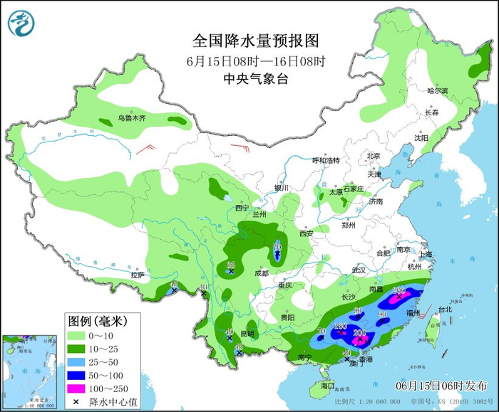 图3 全国降水量预报图（6月15日08时-16日08时）
